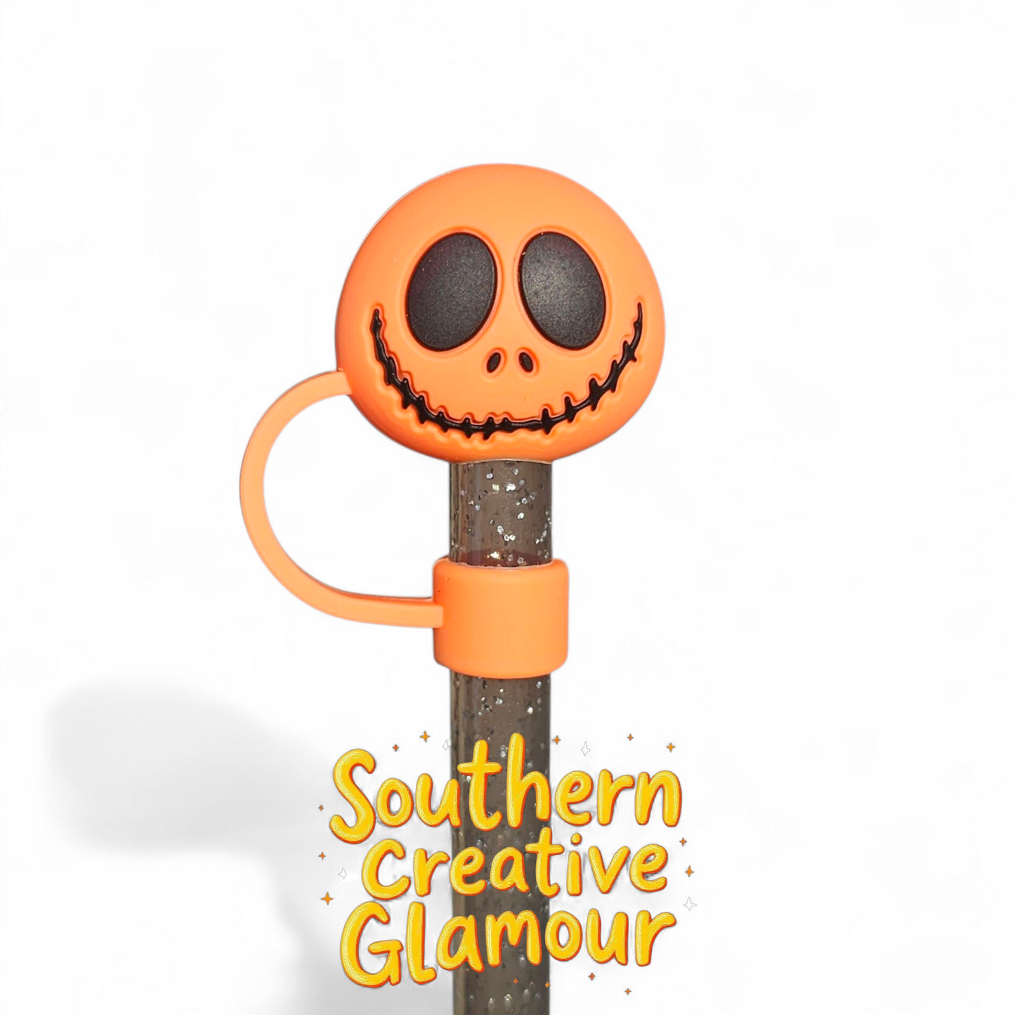 Orange and Black spooky Halloween Skull 3D Silicone 10mm Straw Topper by Southern Creative Glamour