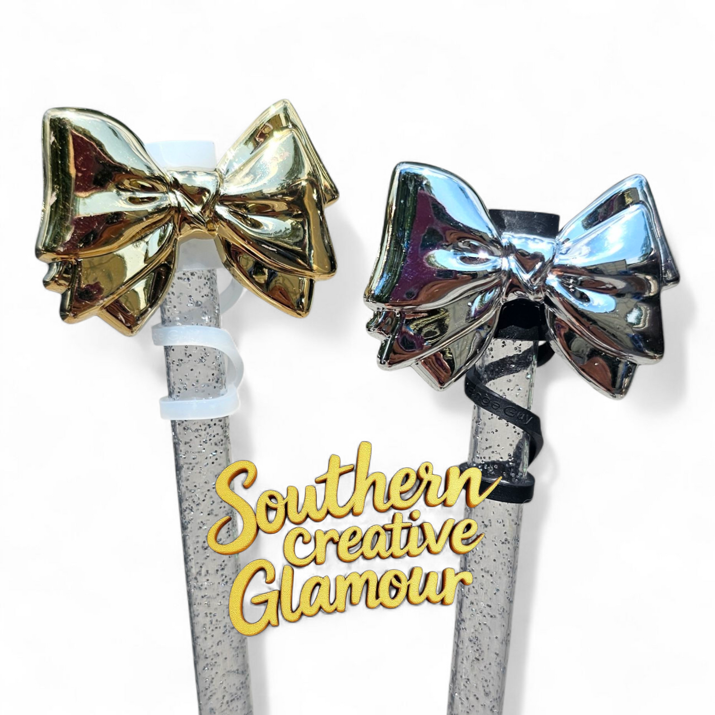 Shiny Gold and Silver Bow Tie Silicone 10mm Straw Toppers by Southern Creative Glamour
