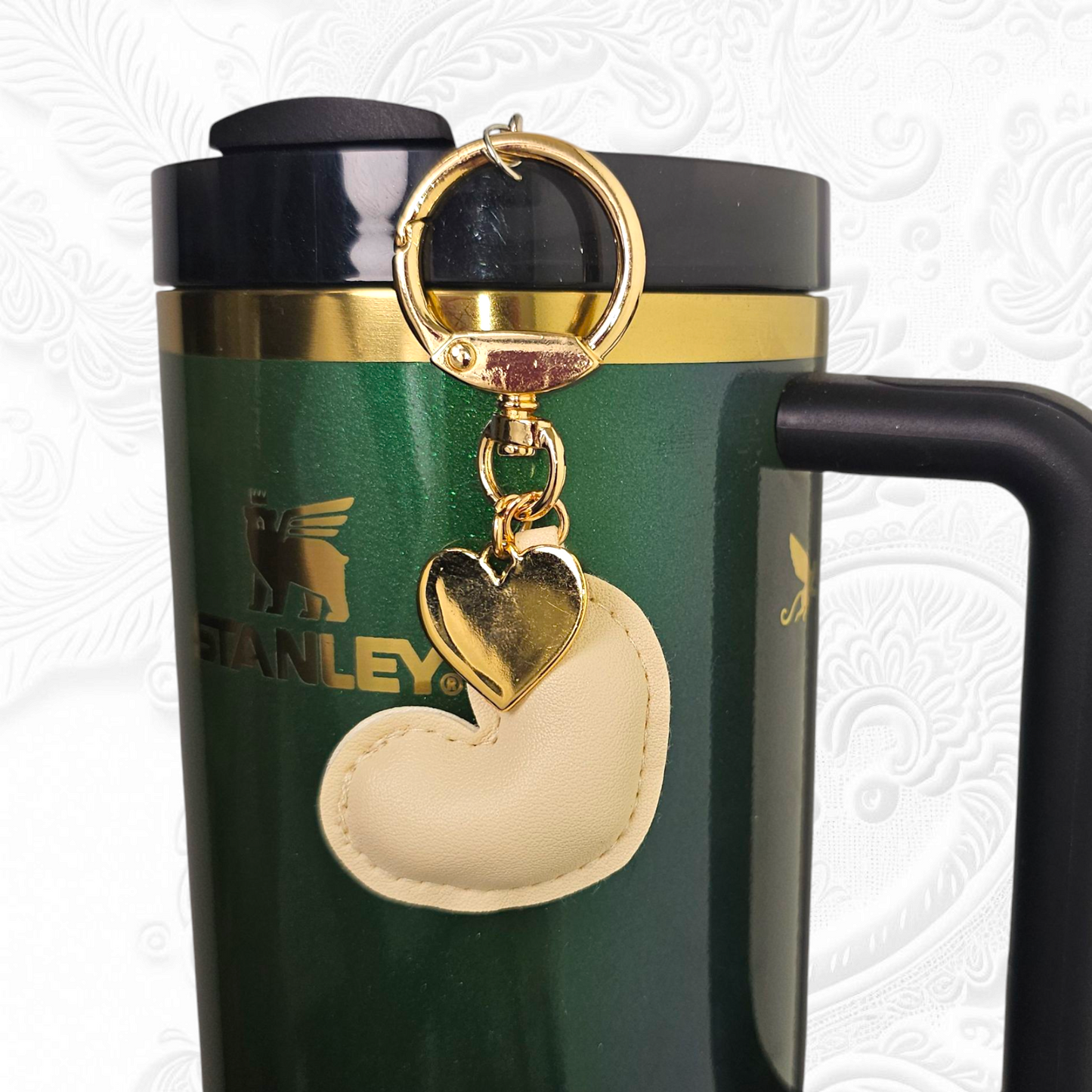 Cream  / Off White leather heart and gold heart tumbler straw charm.