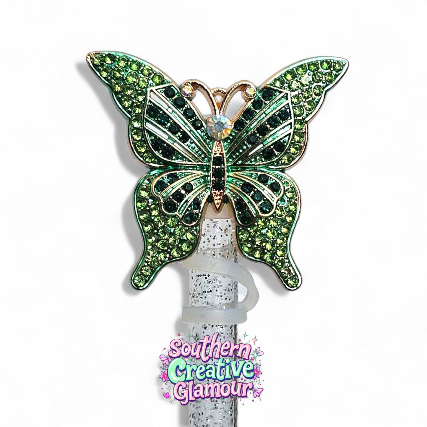 Elphaba Green and Gold Diamond Butterfly Silicone 10mm Straw Topper by Southern Creative Glamour