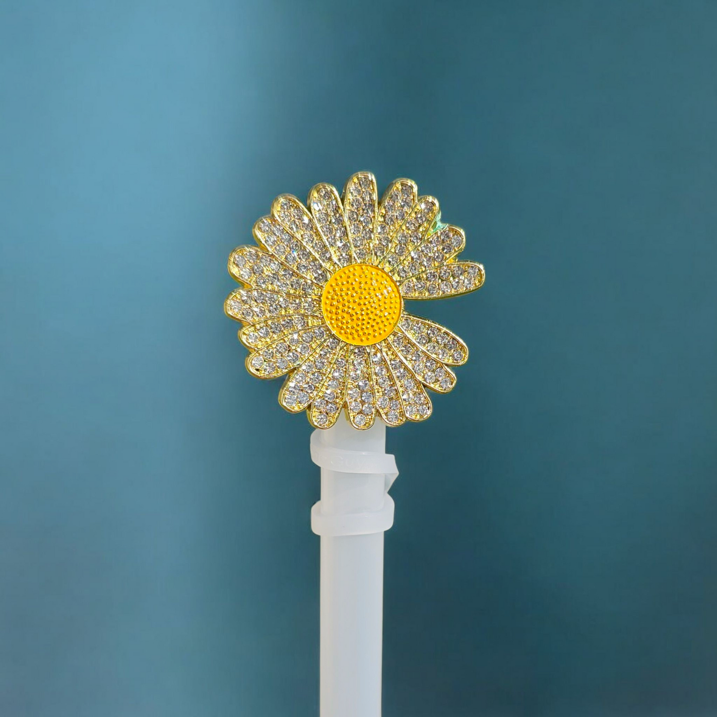 Gold and yellow diamond encrusted Daisy Flower Silicone Straw Topper.