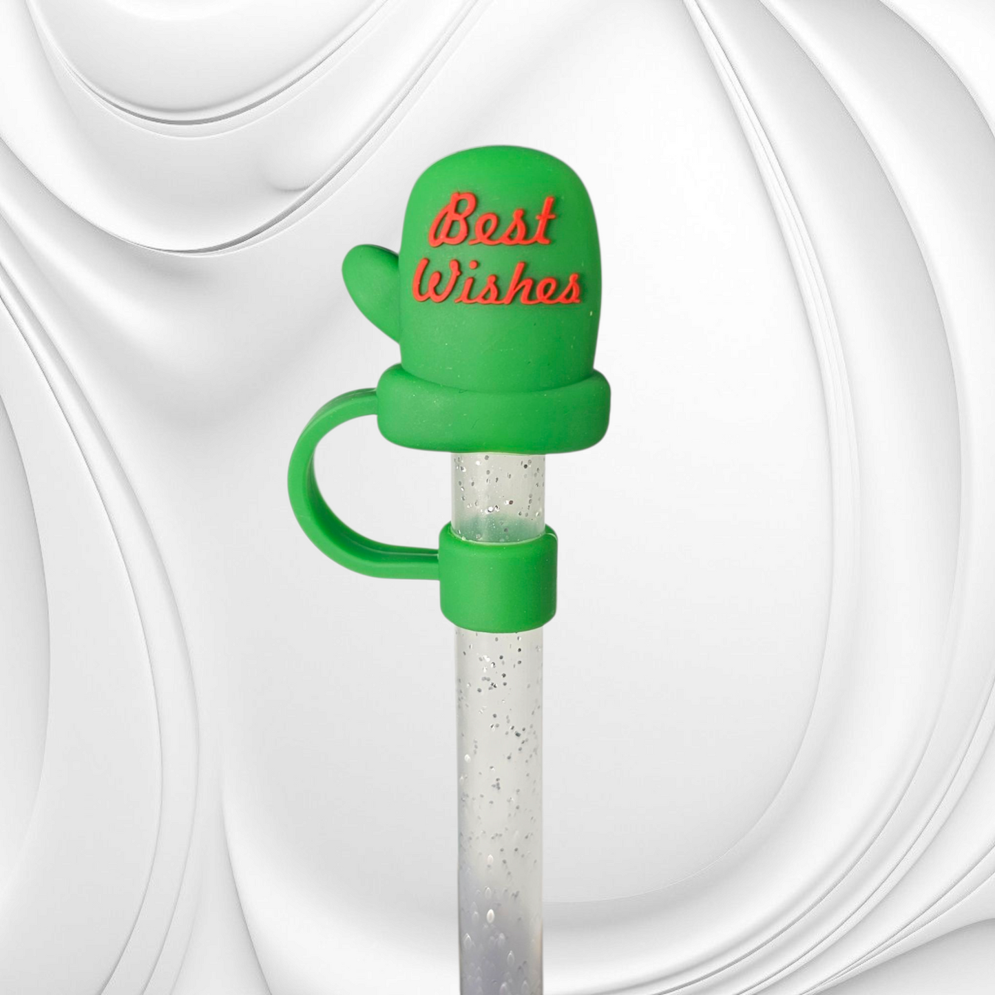 Green Christmas Holiday Mitten with " Best Wishes " in Red 3D Silicone Straw Topper