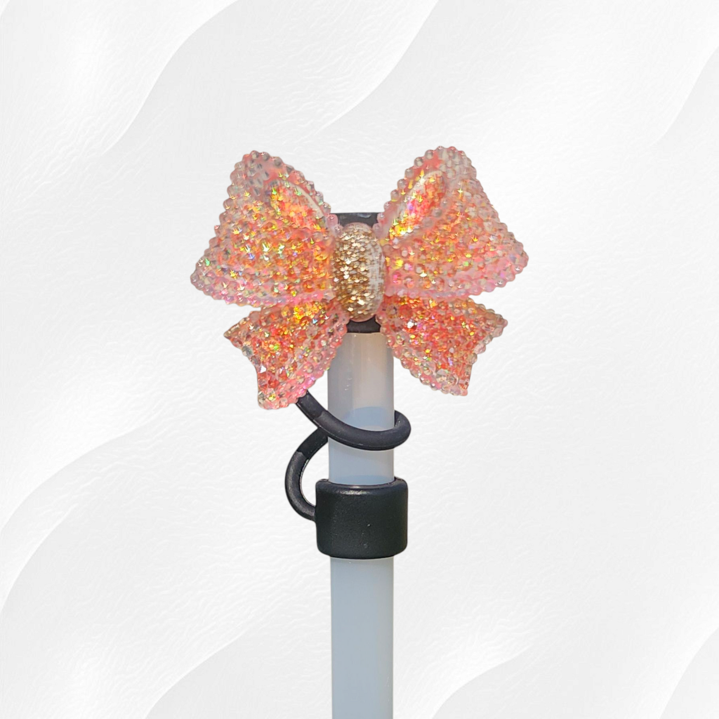 Glitter Coral Fusion and Gold Ribbon Bow with white Silicone straw topper base. Straw Cover - Straw Cap