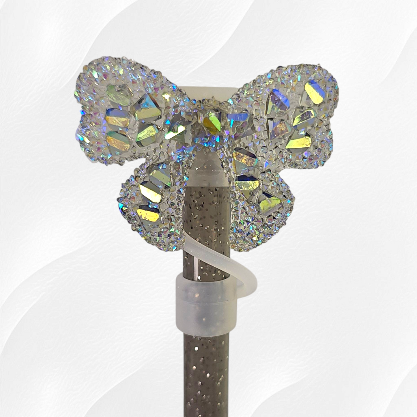 Rainbow Chrome Glitter Bow silicone 10mm Straw Topper by Southern Creative Glamour