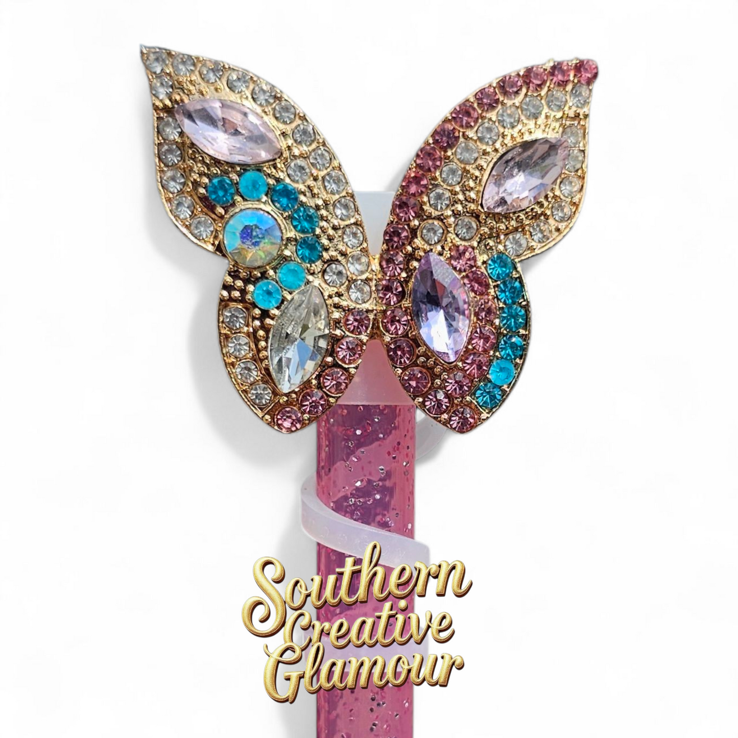 Pink Rose Gold Diamond Butterfly Silicone 10mm Straw Toppers by Southern Creative Glamour