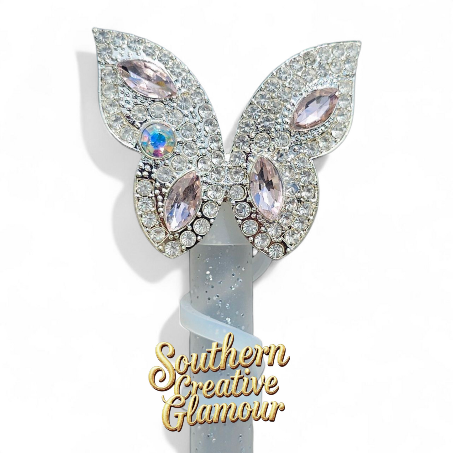 Silver & Pink Diamond Butterfly Silicone 10mm Straw Toppers by Southern Creative Glamour
