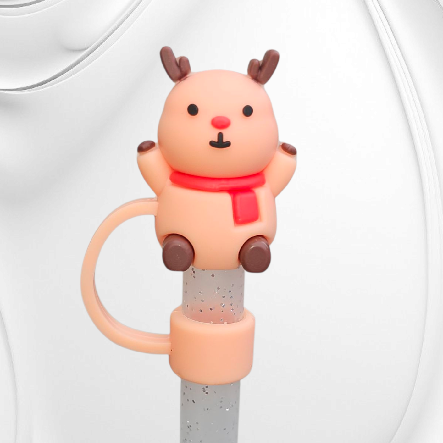 Cute Holiday Rudolph the Red Nose Reindeer 3D Silicone Straw Topper.