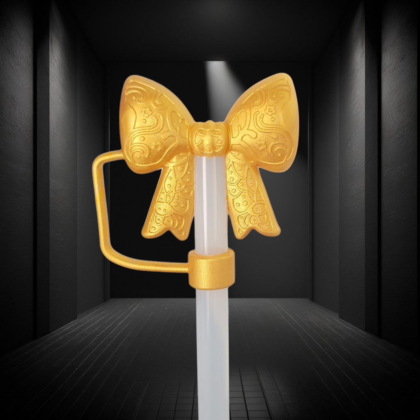 Gold Shimmer Lace Ribbon BOW 3D Silicone Straw Topper - Straw Cover by Southern Creative Glamour