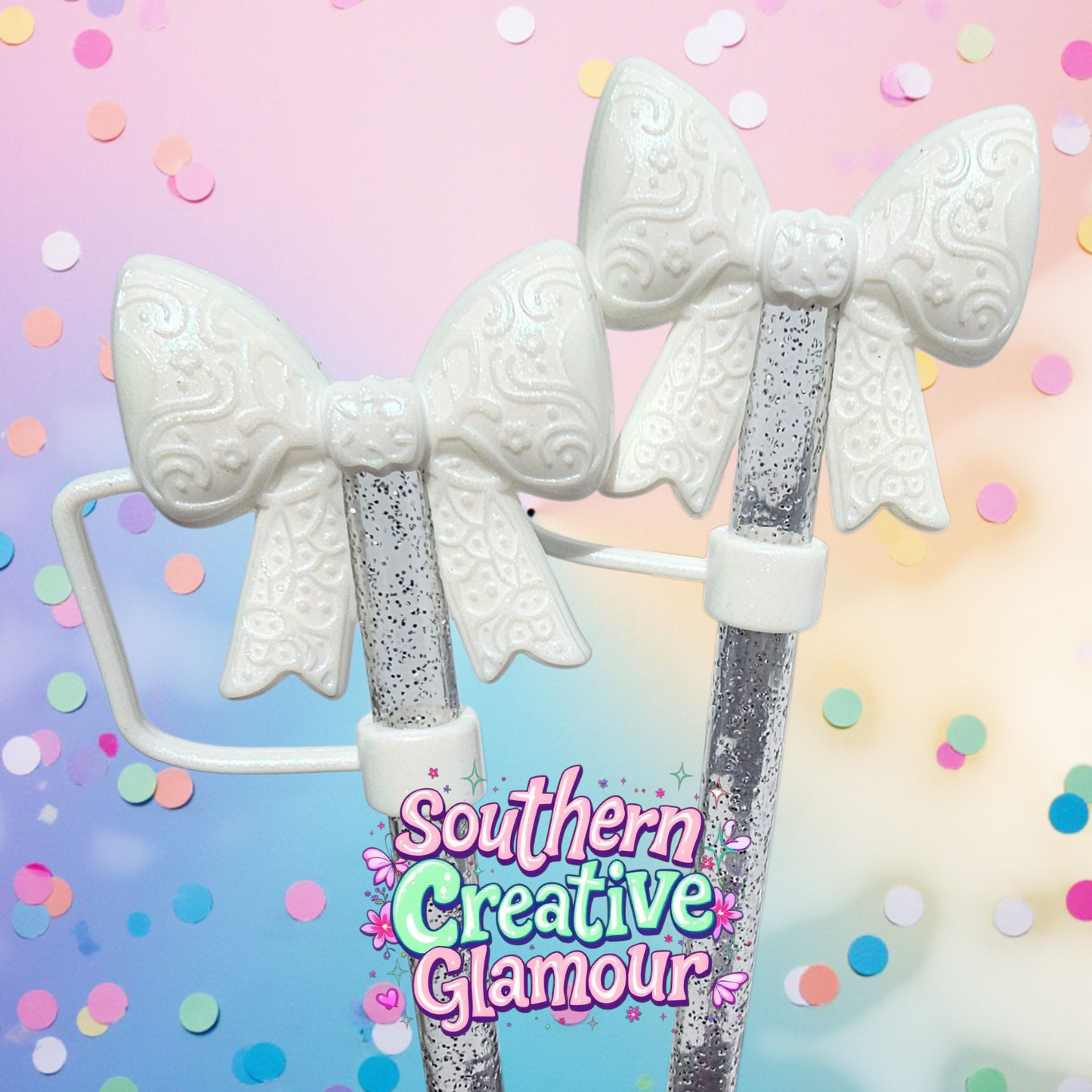 Pearl White Shimmer Paisley 3D Bow Silicone 10mm Straw Topper | Straw Cover by Southern Creative Glamour