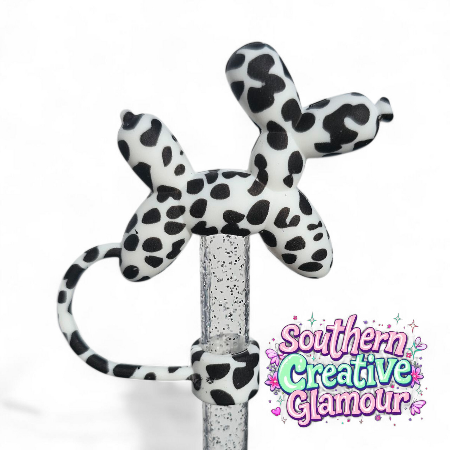 Black and White Cow Print Balloon Dog 10mm Straw Topper by Southern Creative Glamour