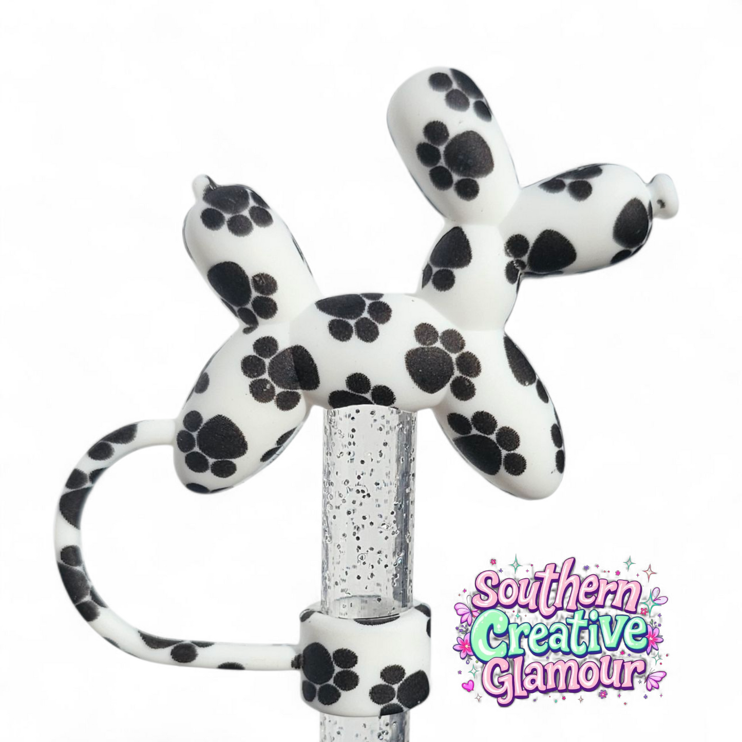 Black and White Paw Print 3D Balloon Dog Silicone 10mm Straw Topper by Southern Creative Glamour