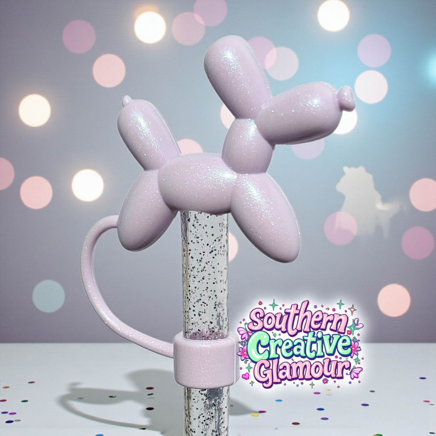 Aster Purple Shimmer Balloon Dog 10mm Straw Topper by Southern Creative Glamour