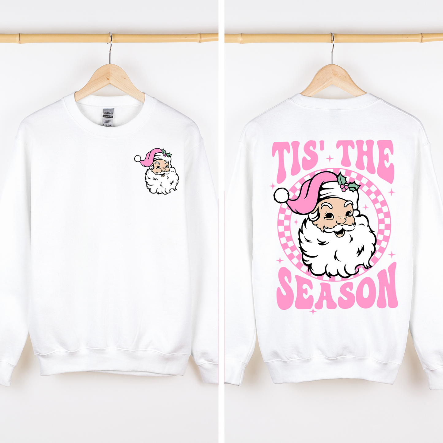 White Tis The Season, Retro Santa, Pink, Checkered, Christmas, Front and Back Sweatshirt
