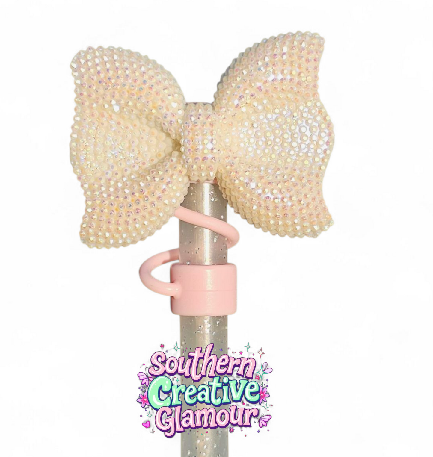 White Glitter Bow Tumbler Silicone 10mm Straw Topper - Blush Pink by Southern Creative Glamour
