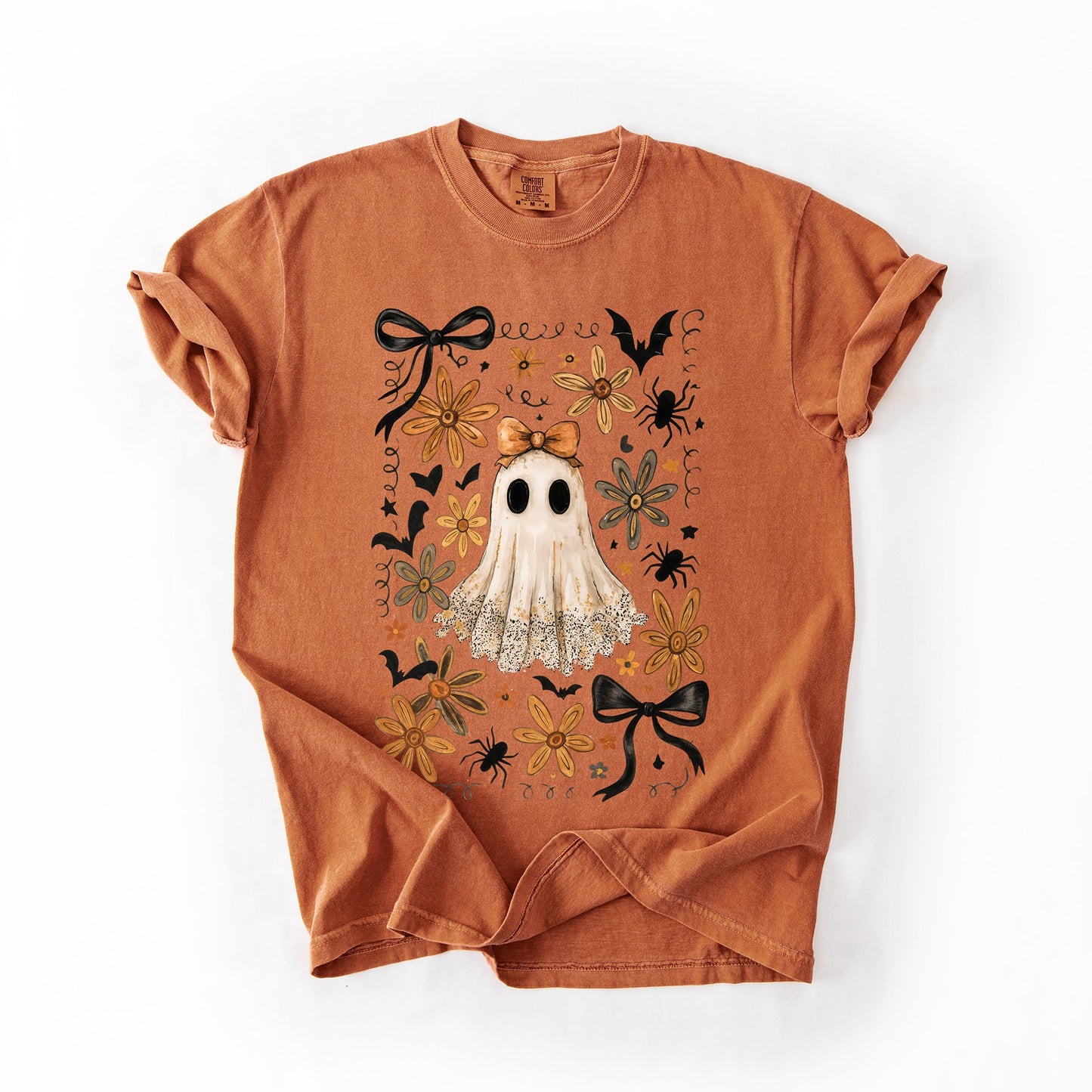 Orange Beautiful Halloween, Bows, Bats, Flowers, Comfort Colors T-Shirt