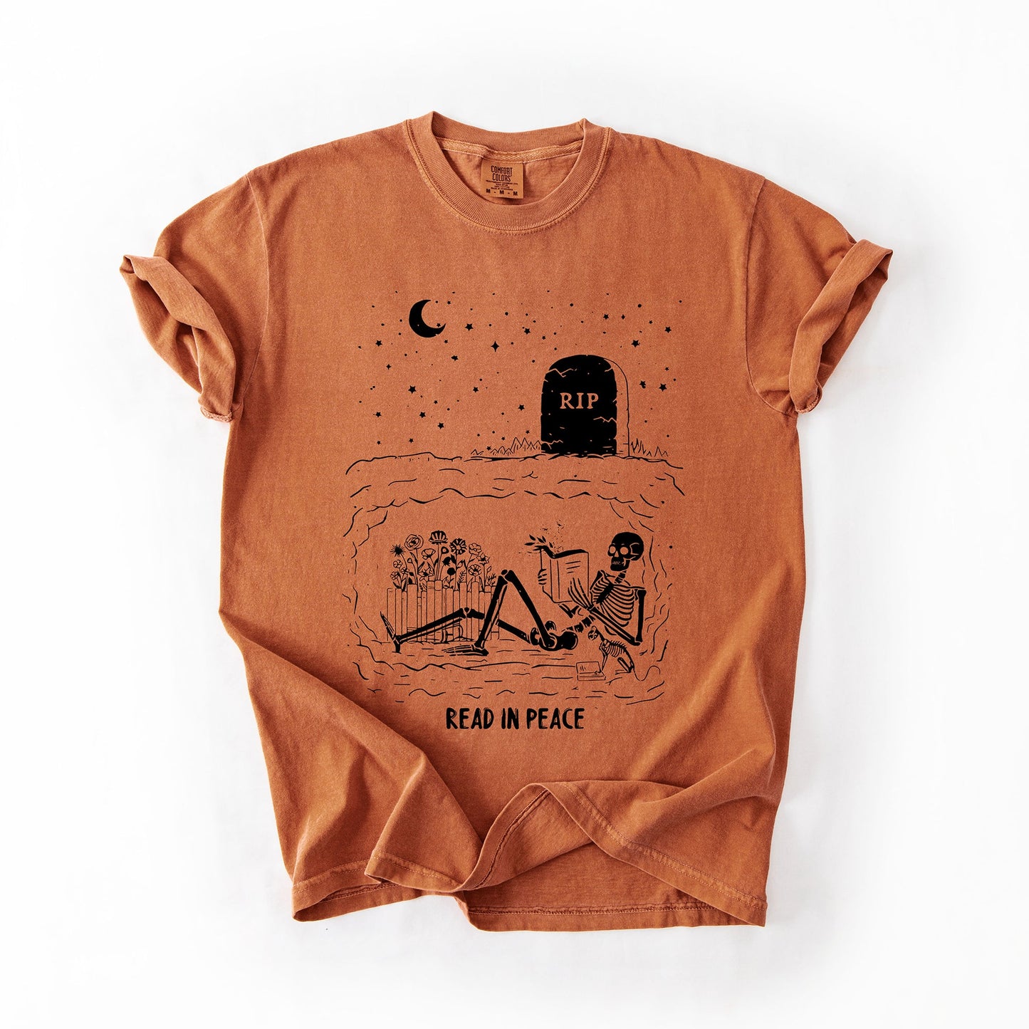 Orange Read In Peace, Skeleton, RIP, Halloween, Booktok, Bookish, Library, Trending Graphic Tee, Comfort Colors T-Shirt
