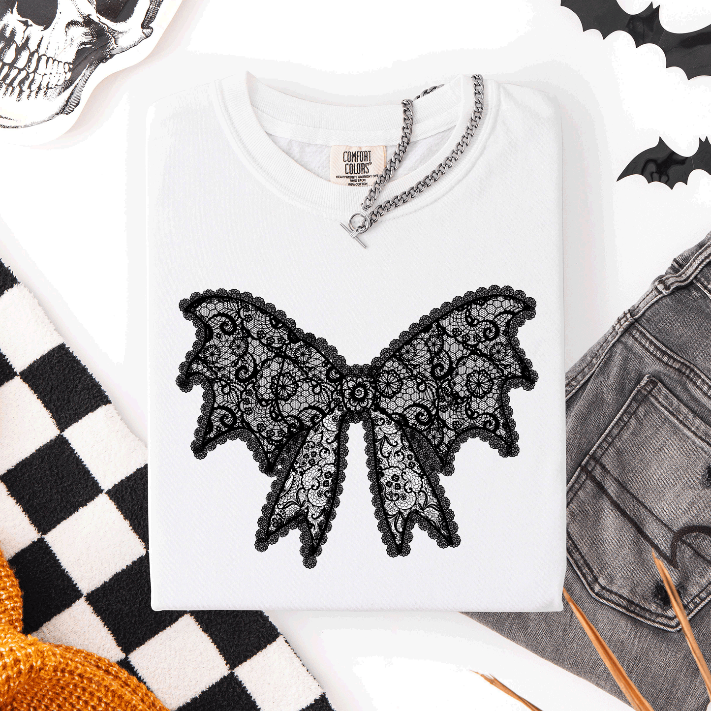 White Lace Bow, Halloween, Goth, Faux Lace, Ribbon, Coquette, Comfort Colors T-Shirt