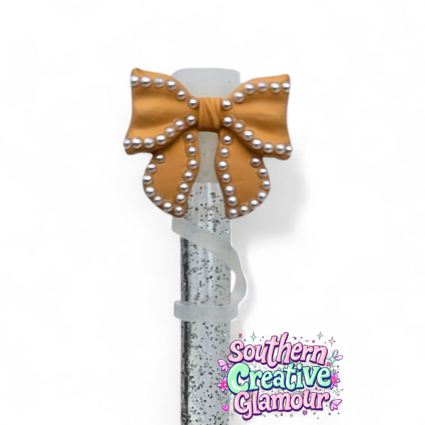 Yarrow yellow Beaded Pearl Bow Straw Toppers by Southern Creative Glamour