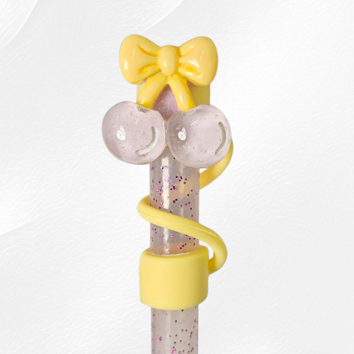Yellow cherries & bows silicone straw topper