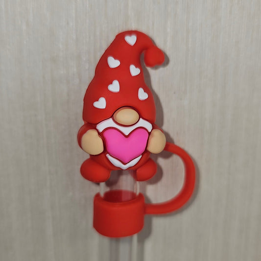 Ruby Hearts Valentine's Day Gnome 3D Silicone Straw Topper Cover Cap