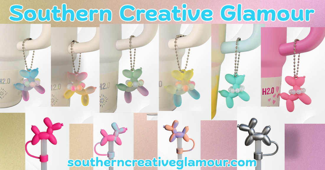 Balloon dog straw toppers and tumbler charms.