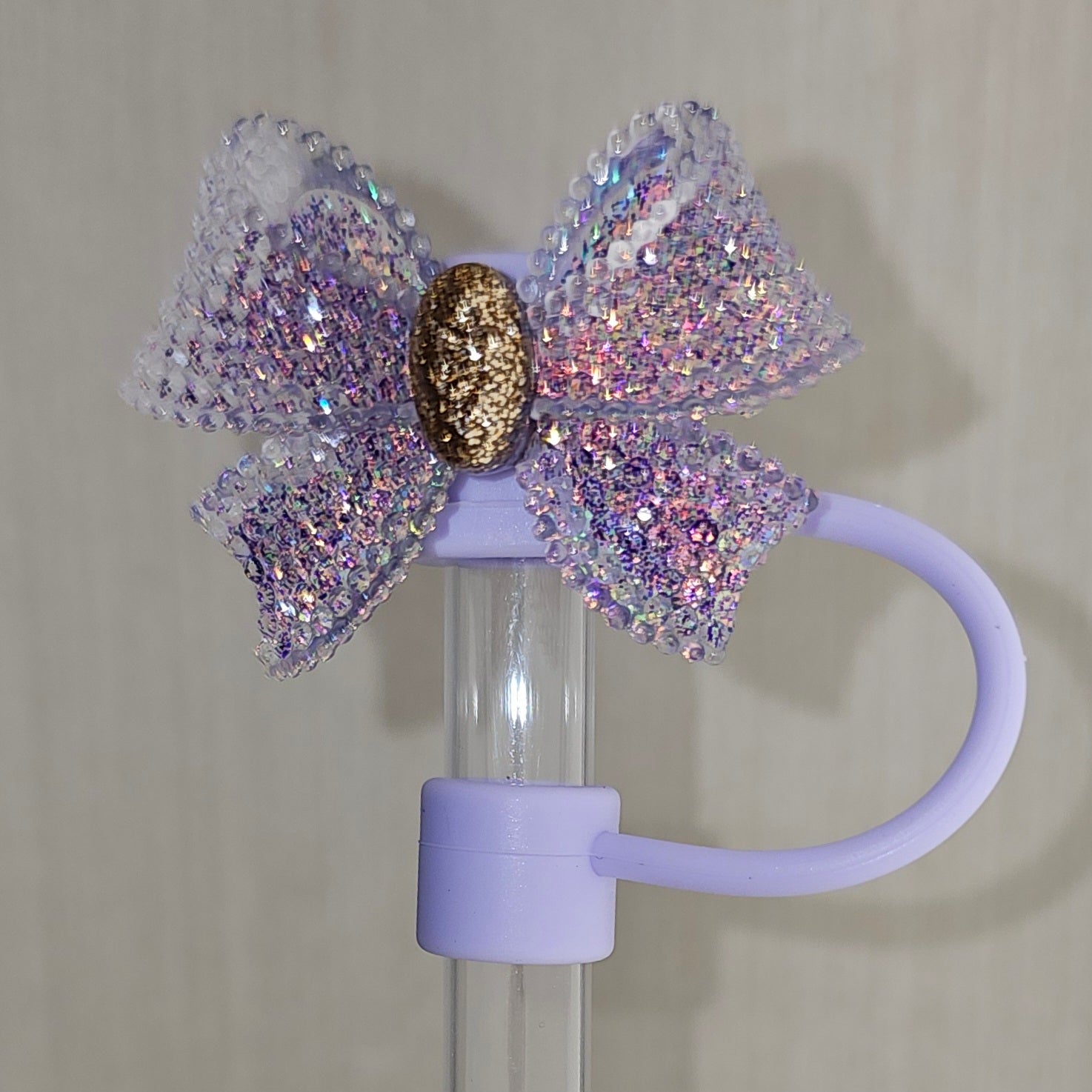 Lavender lilac purple and gold glitter ribbon bow straw topper - straw cover. Olivia Rodrigo straw topper.