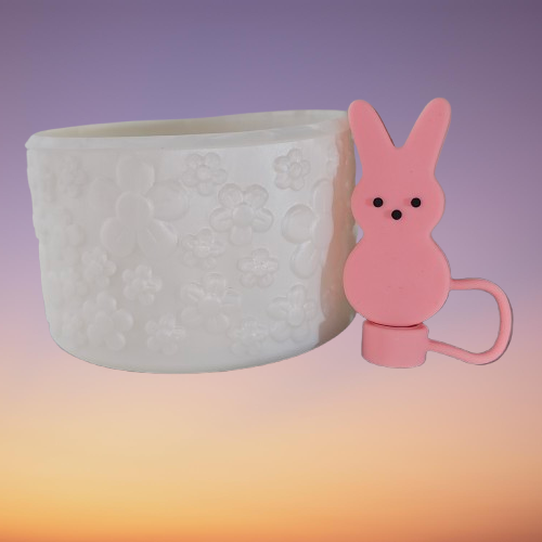 Pearl White Shimmer flowers textured silicone tumbler boot and PEEPS inspired Pink Easter Bunny 3D Silicone Straw Topper. 