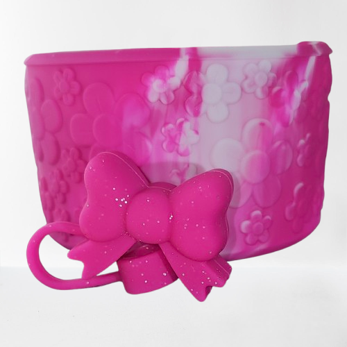 Camelia Pink Gradient Flower textured silicone tumbler boot and Pink Glitter Butterfly Ribbon Bow Silicone Straw Topper Set. 