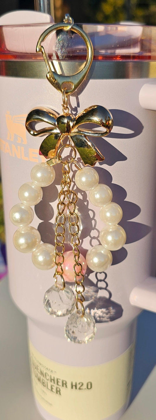 Gold Ribbon Bow and Faux Pearl Beaded Charm - Southern Creative Glamour