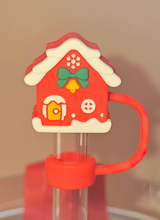 Red Gingerbread House Christmas Straw Topper Straw Cover 