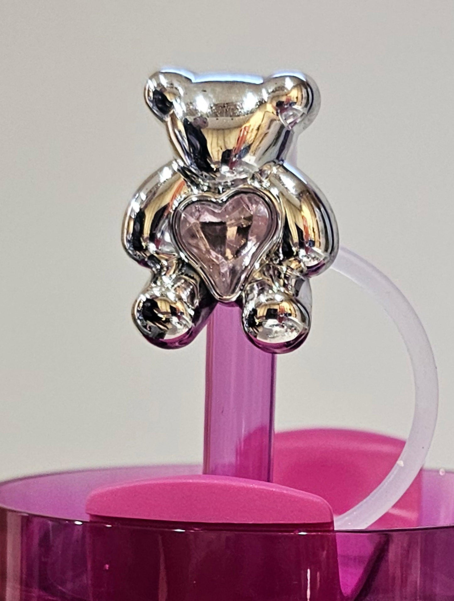 Silver Teddy Bear with Pink Diamond Straw Topper  - Straw Cover - Southern Creative Glamour