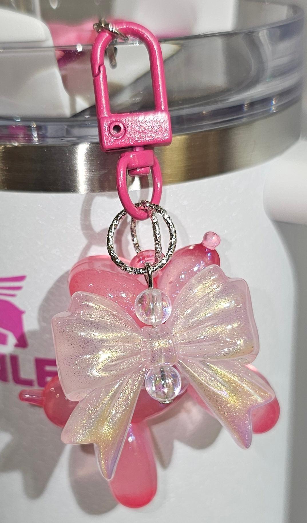 Wicked Glinda  / Winter Pink Glow in the Dark Iridescent Pearlescent Glitter Balloon Dog with Croquet Ribbon Bow Charm Pendant