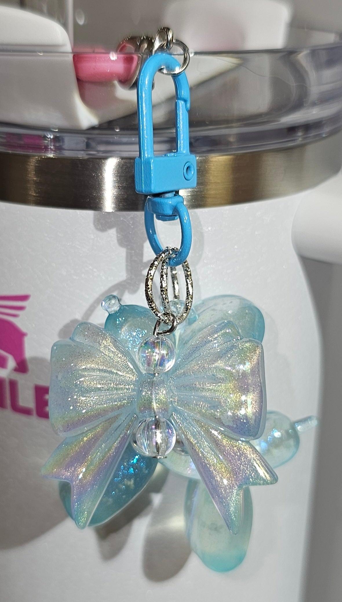 Powder Blue Crush Glow in the Dark Iridescent Pearlescent Glitter Balloon Dog with Croquet Ribbon Bow Charm Pendant