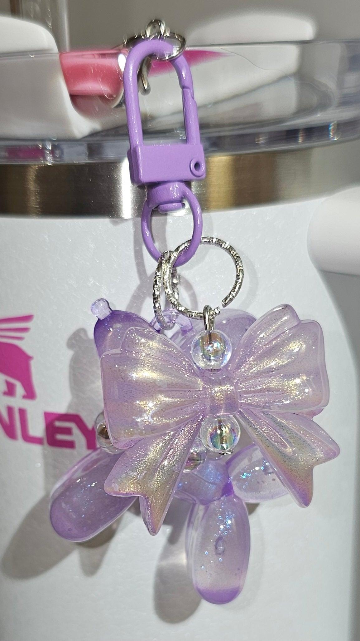 Lavender Lilac Orchid Purple Glow in the Dark Iridescent Pearlescent Glitter Balloon Dog with Croquet Ribbon Bow Charm Pendant