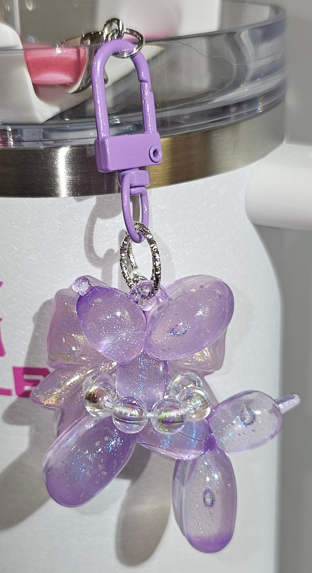 Lavender Lilac Orchid Purple Glow in the Dark Iridescent Pearlescent Glitter Balloon Dog with Croquet Ribbon Bow Charm Pendant