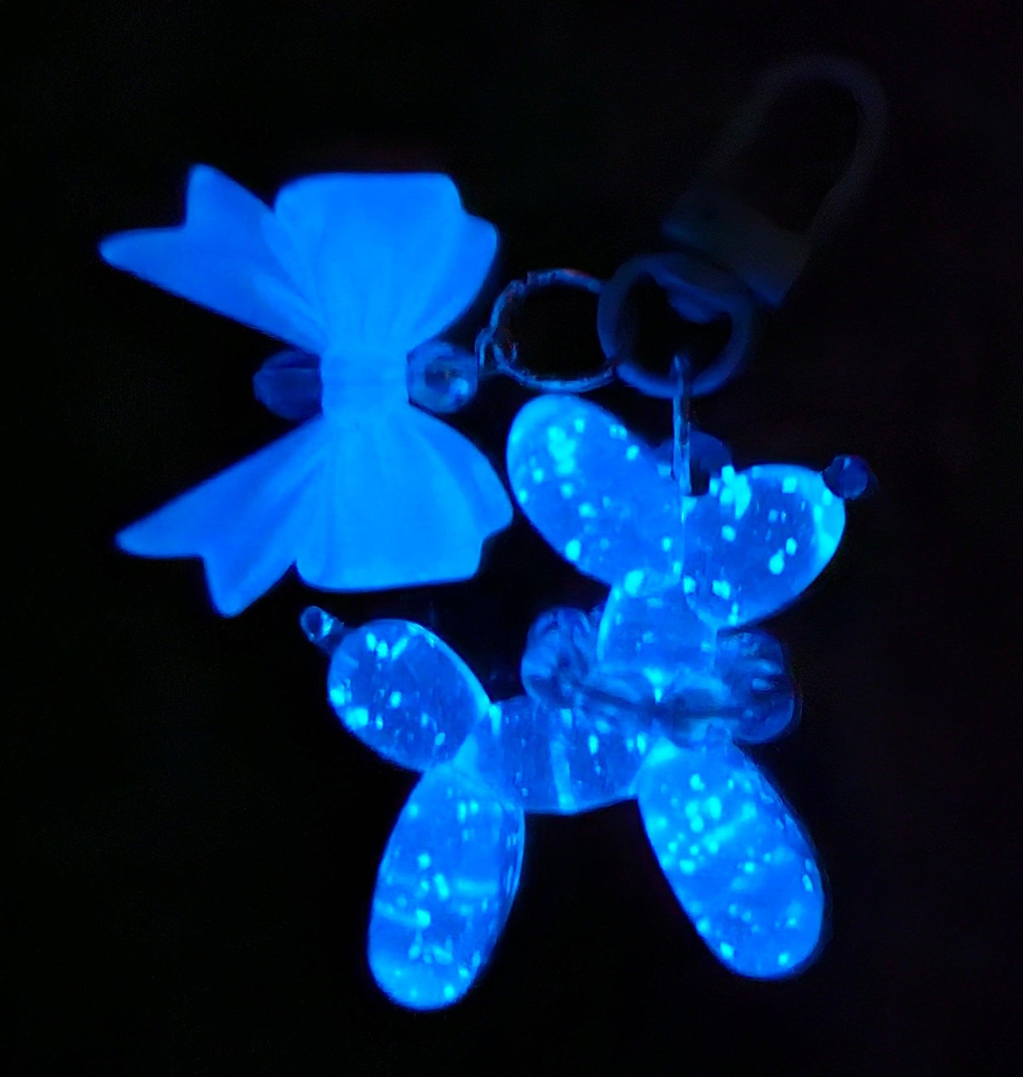 Glow in the Dark Iridescent Pearlescent Glitter Balloon Dog with Croquet Ribbon Bow Charm Pendant