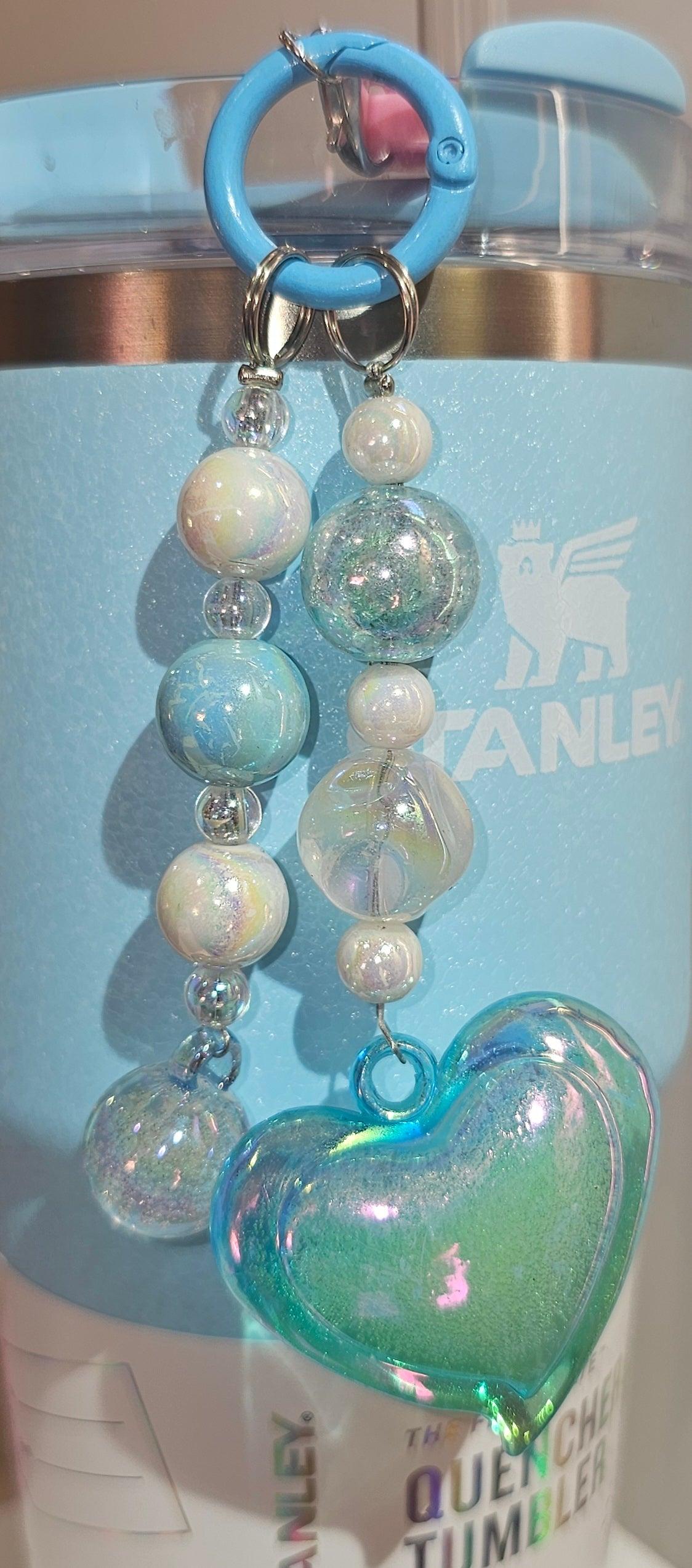 Iridescent Pearlescent Blue Heart Heart Beaded Charm Pendant for Tumbler, Purse, Keychain, Backpack, or Cellphone 