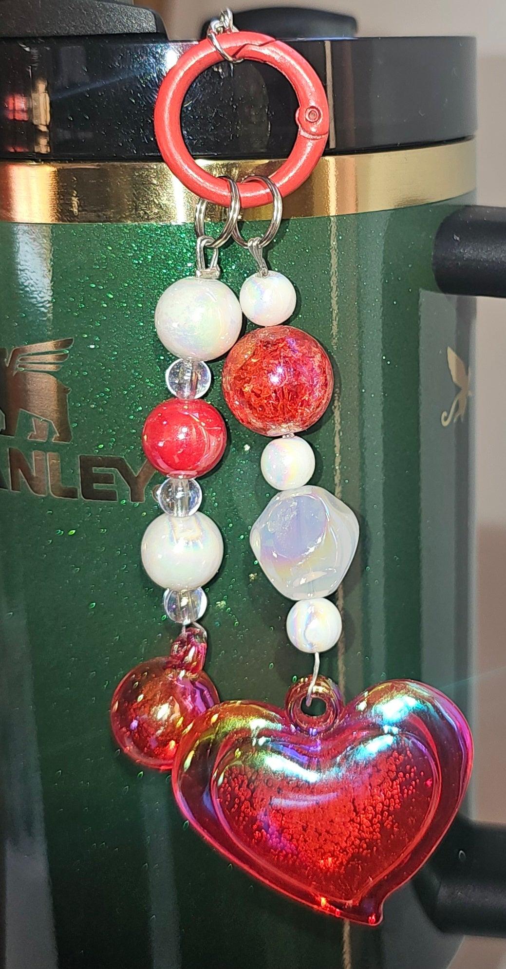 Iridescent Pearlescent Rose Red Heart Heart Beaded Charm Pendant for Tumbler, Purse, Keychain, Backpack, or Cellphone 