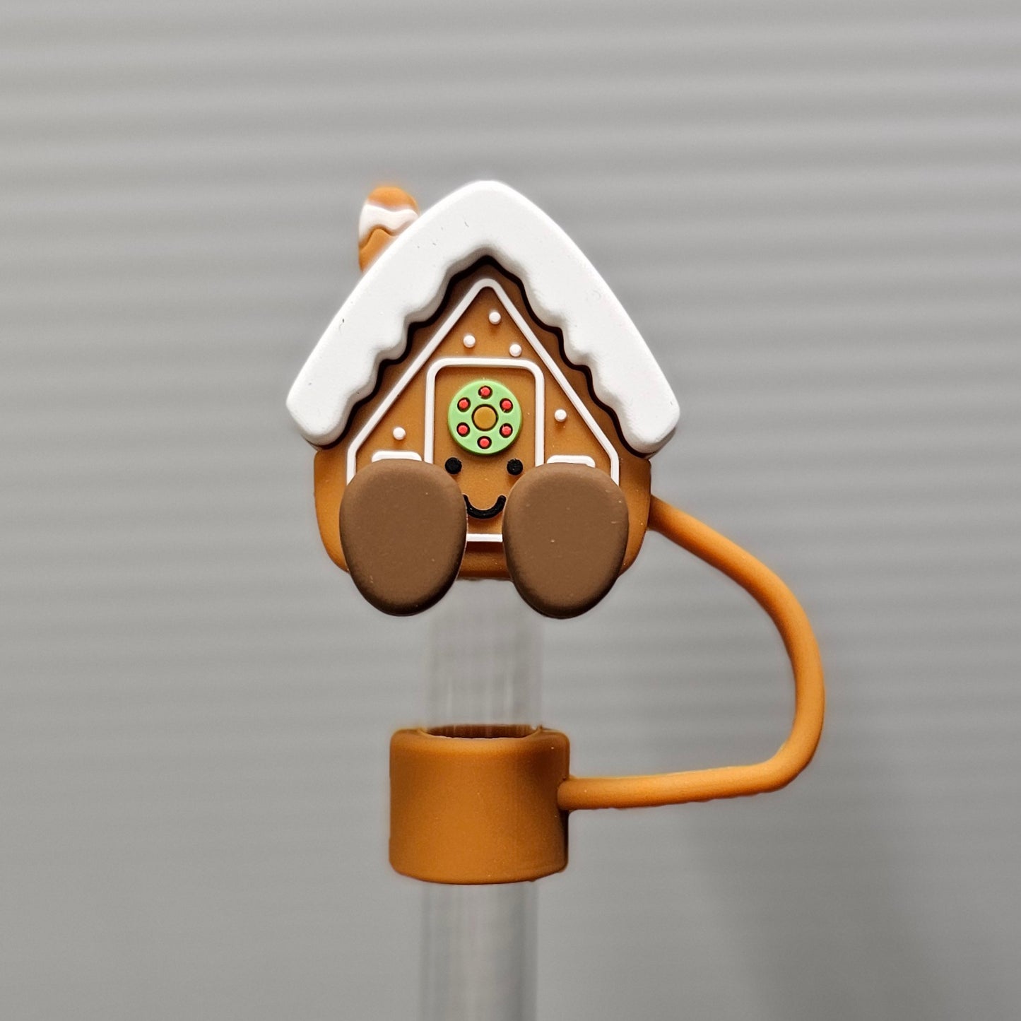 Gingerbread House 3d Silicone Straw Topper  - Straw Cover. Brown and white. 