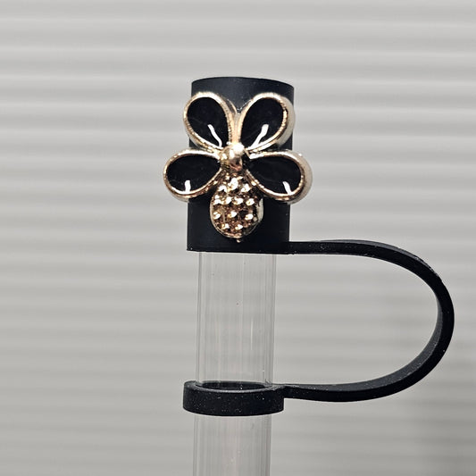 Luxury Gold and Black flower Silicone Straw Topper  - Straw Cover Stanley 