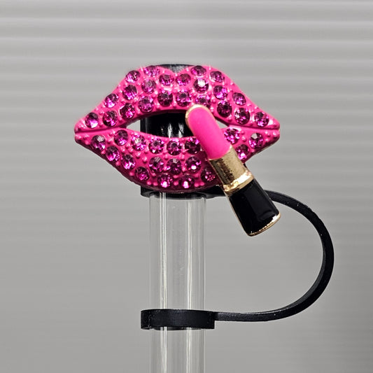 Blingy Pink Diamond Lips and Lipstick Charm with a silicon black straw topper base. 