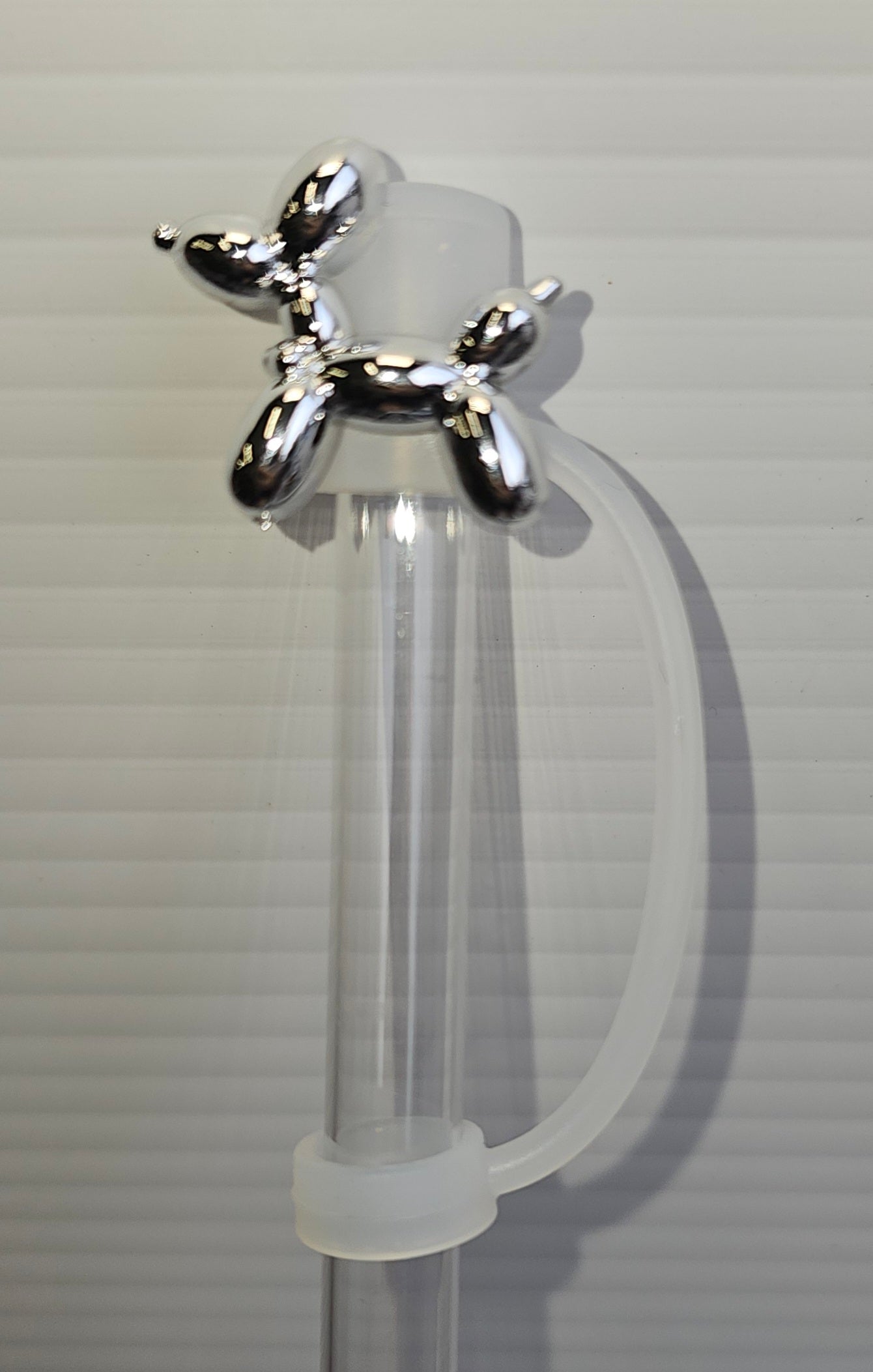 Luxury Silver Balloon Dog Silicone Straw Topper  - Straw Cover 