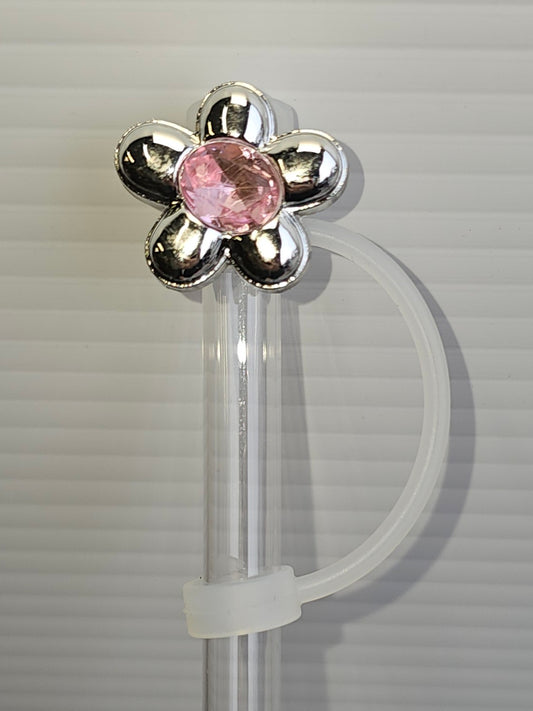 Silver Flower with Pink Diamond Silicone Straw Topper  - Straw Cover 