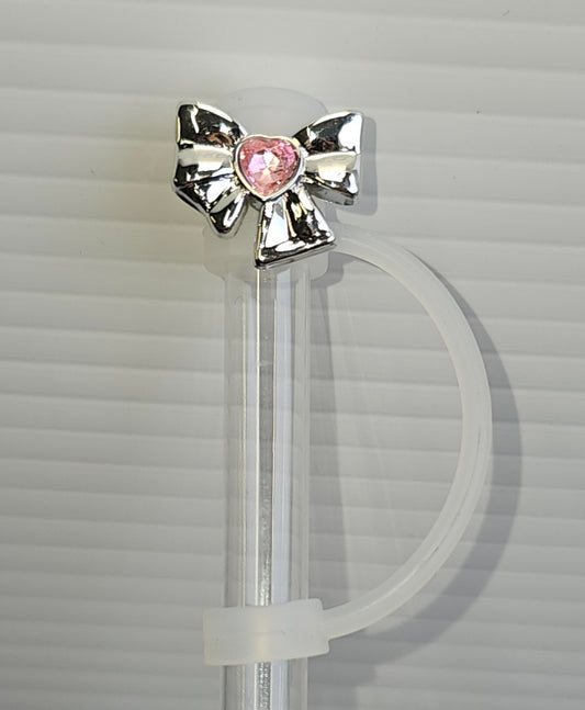 Luxury Silver Ribbon Bow with Pink Diamond Silicone Straw Topper  - Straw Cover 