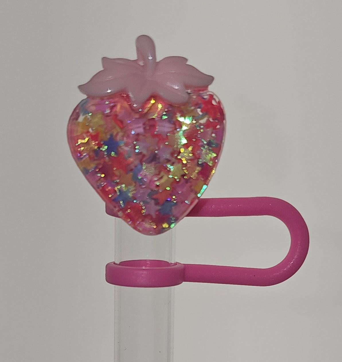 Bling Sequin Pink Strawberry Silicone Straw Topper -Straw Cover 