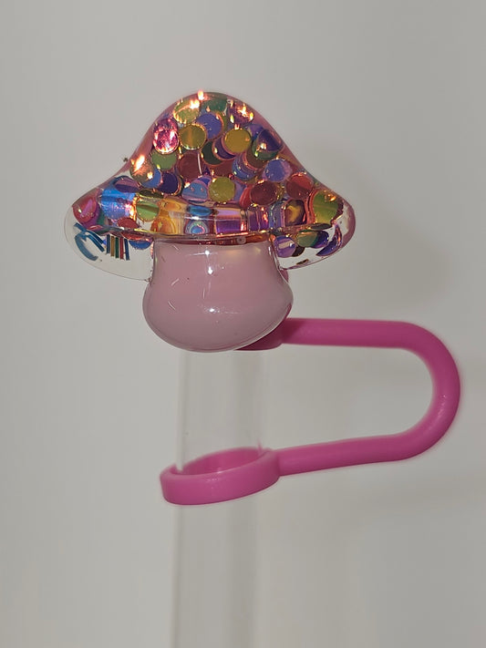 Bling Sequin Pink Mushroom Silicone Straw Topper -Straw Cover 
