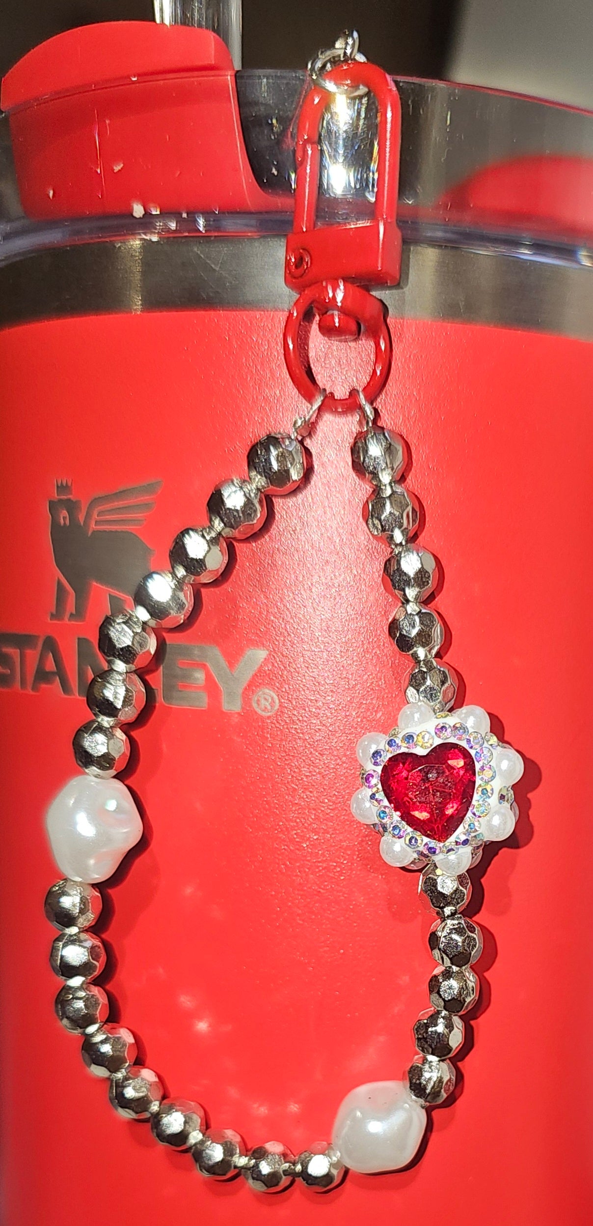 Crystal red and feux pearl heart charm with silver beaded charm bracelet 