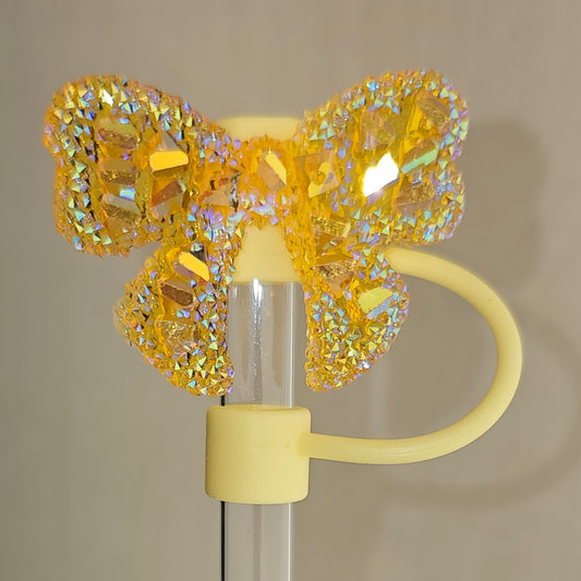 Gold Butterfly Ribbon Bow Silicone Straw Topper  - Straw Cover 