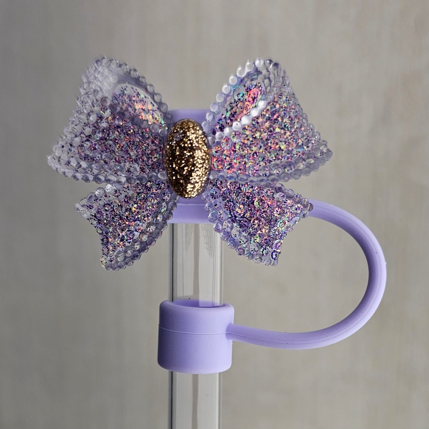 Lavender Lilac Purple Glitter and gold croquet ribbon bow silver straw topper  - straw cover 