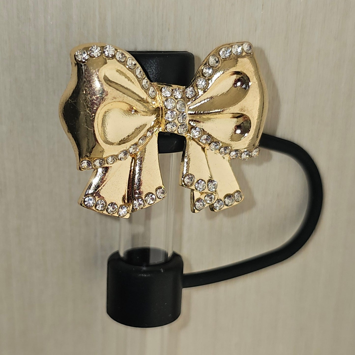 Luxury Gold Ribbon Bow with Diamonds Silicone Straw Topper - Straw Cover 